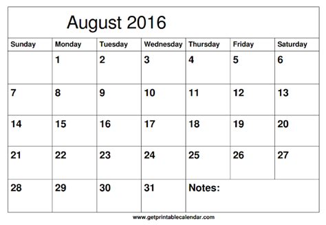 Get Printable Calendar August 2016 Printable Calendar Blank Templates