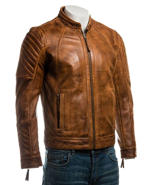 Mens Tan Vintage Biker Style Leather Jacket With Shoulder Men