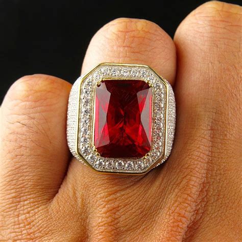 Vintage Big Mens Signet Rings With Stone Red Zircon Crystal Gold Rings