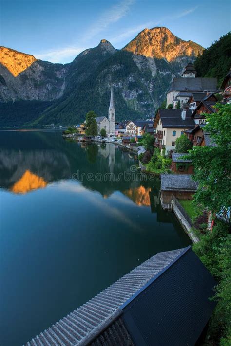 Scenic View Of Famous Hallstatt Mountain Village With Hallstaetter Lake