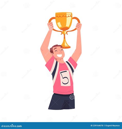 Man Winner Holding Golden Cup As Trophy And Award Vector Illustration