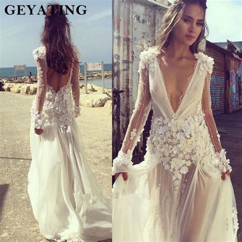 2019 Plunging V Neck Boho Wedding Dress Long Sleeve 3d Flowers Backless Bohemian Bridal Gowns