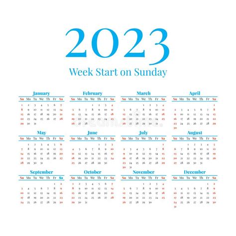 Calendário 2023 Com Início às Semanas De Domingo Ilustração Do Vetor