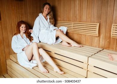 Beautiful Women Enjoying Sauna Treatment Bathrobes Stock Photo Shutterstock