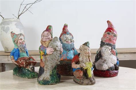 Charming Collection Of Five Vintage Concrete Garden Gnomes From C