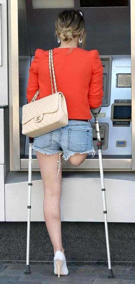Amputee Lady Wow Prosthetic Leg Crutches Blue Shorts Red And