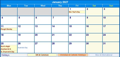 January 2027 Uk Calendar With Holidays For Printing Image Format