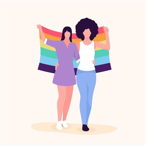 Free Vector Beautiful Lesbian Couple With Lgbt Flag Illustrated