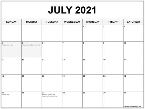 These dates may be modified as official changes are announced, so please check back regularly for updates. July 2021 with holidays calendar