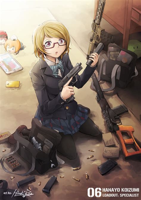 Wallpaper Gun Blonde Anime Girls Short Hair Glasses