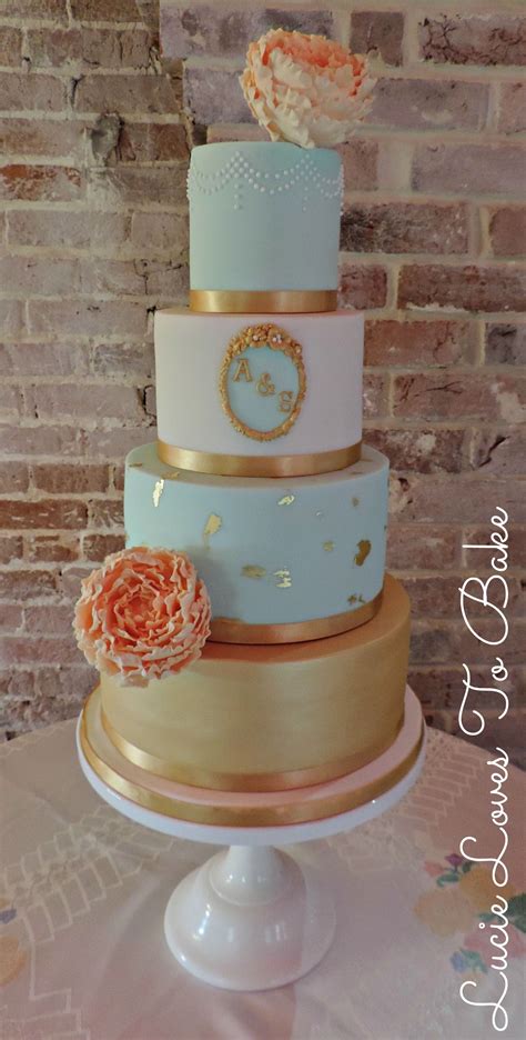 Stunning Gold Mint Green And Peach Wedding Cake With