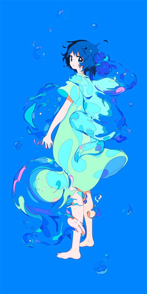 Safebooru 1girl Barefoot Blue Background Blue Eyes Blue Hair Bubble Dress Highres Looking At