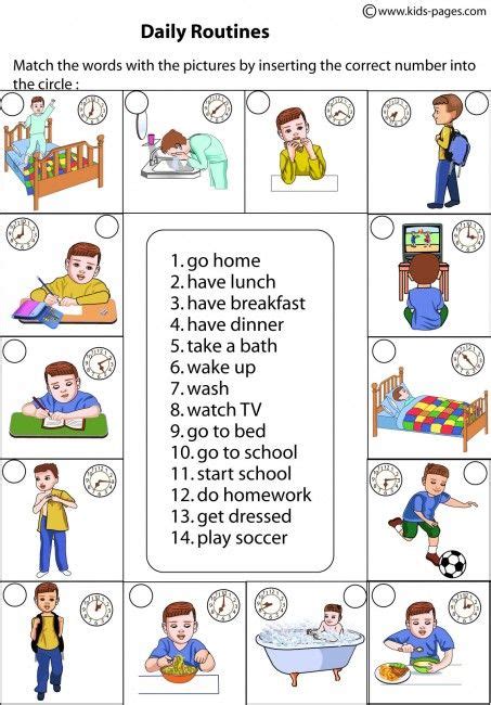 Daily Routines Matching Worksheets Esl Vocabulary Action Verbs
