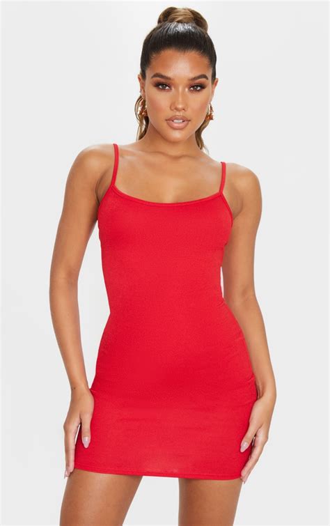 Red Strappy Straight Neck Bodycon Dress Prettylittlething Il