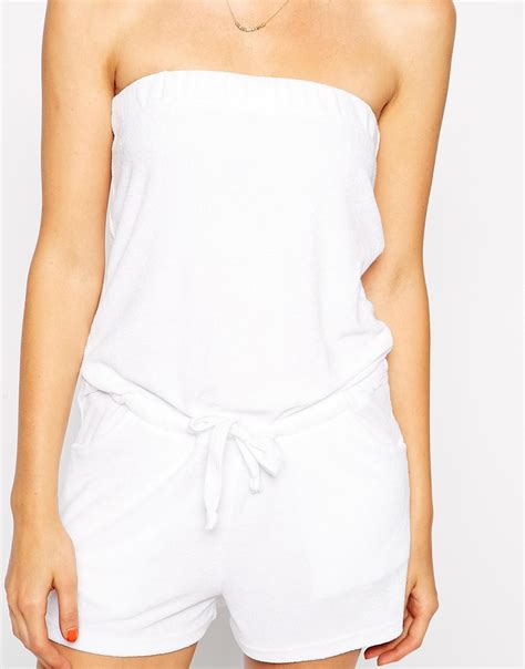Asos Towelling Bandeau Beach Playsuit In White Lyst