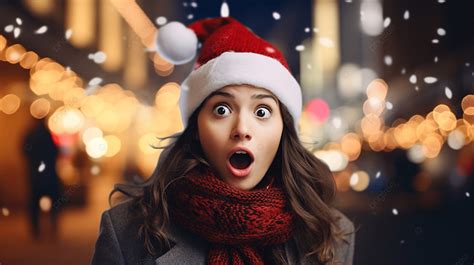 فتاة ترتدي قبعة عيد الميلاد مع تعبير وجه مفاجئ على خلفية غير مركزة فتاة مصدومة مفاجئة امرأة