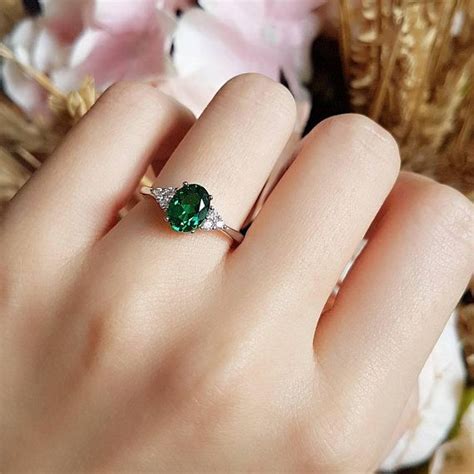 Oval Emerald Ring Three Stone Style Promise Ring Lab Emerald Etsy