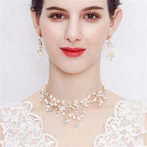 new european and american bridal wedding jewelry set handmade pearl necklace and earrings for