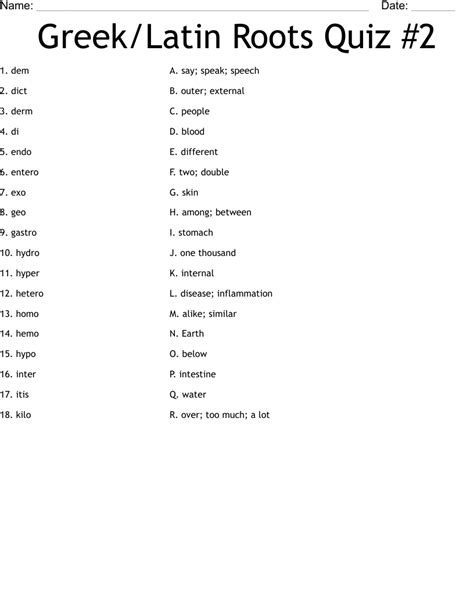 Greeklatin Roots Quiz 2 Worksheet Wordmint