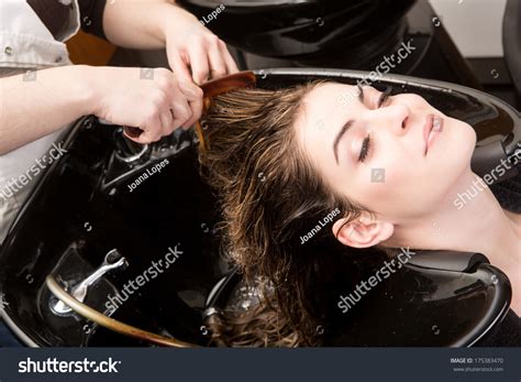Beautiful Woman Washing Her Hair Hairsalon Stock Photo