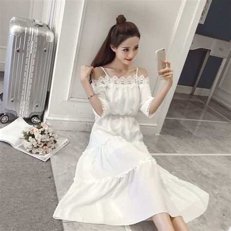 2018 New Fashion Women Summer Beach Dress White Korean Style Clothes