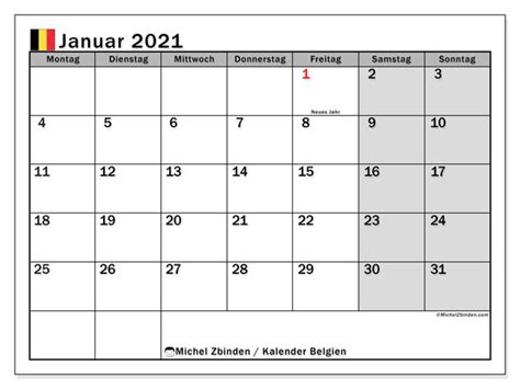 Januar 2021 und endet am freitag, den 31.dezember 2021. Kalender Januar 2021, Belgien - Michel Zbinden DE