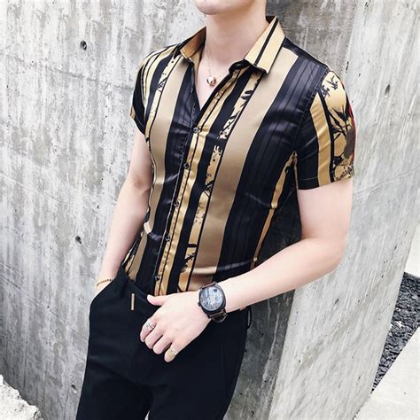 Luxury Gold Black Shirt Men Striped Print Shirts Short Sleeve Fashion