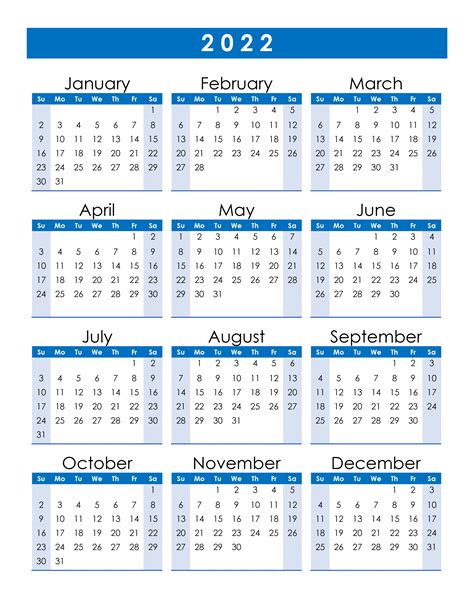 2022 Calendar Printable One Page 2022 Yearly Calendar The 12 Months