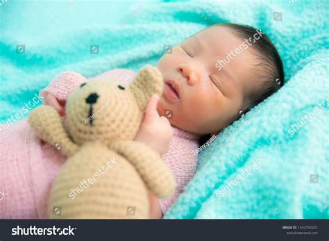 Newborn Baby Girl Sleeping Together Teddy Stock Photo 1433750231