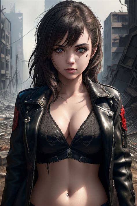 A Woman In A Bra Top And Leather Jacket Standing Next To A Destroyed Cityscape