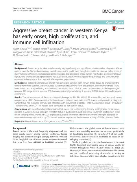 Pdf Aggressive Breast Cancer In Western Kenya Has Early Onset High