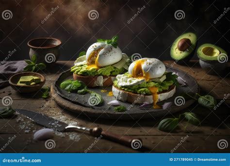Avocado And Poached Egg Sandwiches Ai Generated Stock Illustration