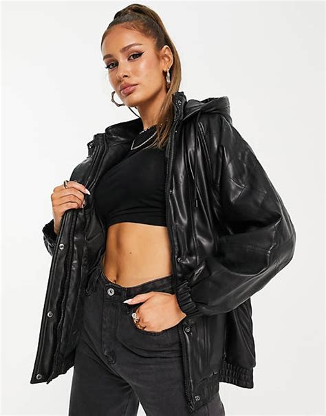 Asos Design Quilted Faux Leather Bomber Jacket In Black Asos