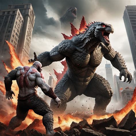 Godzilla And Kratos In Epic Battle Digital Illustra