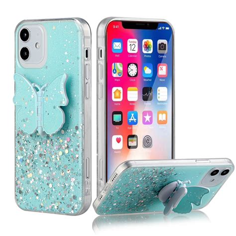 apple iphone 11 pro max case cute butterfly stand glitter epoxy hybrid teal