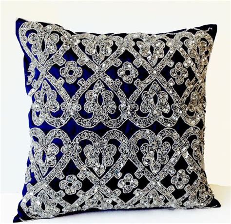Sequin Navy Blue Throw Pillow Silver Bead Pillow Decorative Etsy