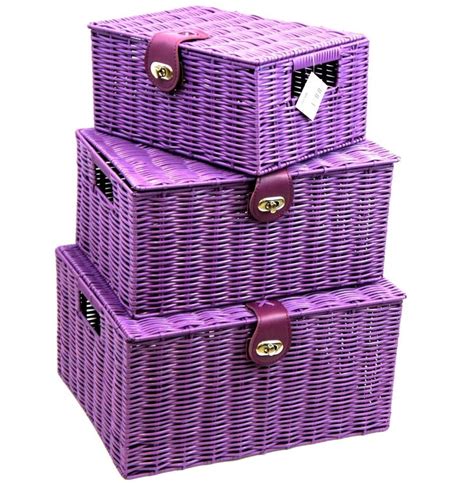 Arpan Purple Resin Woven Hamper Storage Basket Box With Lid And Lock In 3