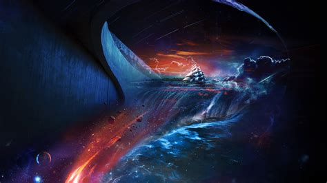 Fantasy Art Ship Waterfall Space Blue Red Wallpapers Hd Desktop