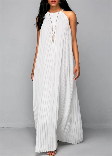 Sleeveless Solid White Pleated Maxi Dress On Sale Only Us3632 Now