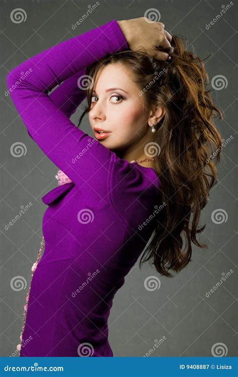 Beautiful Girl In Purple Dress Holding Her Hair Stock Image Image Of
