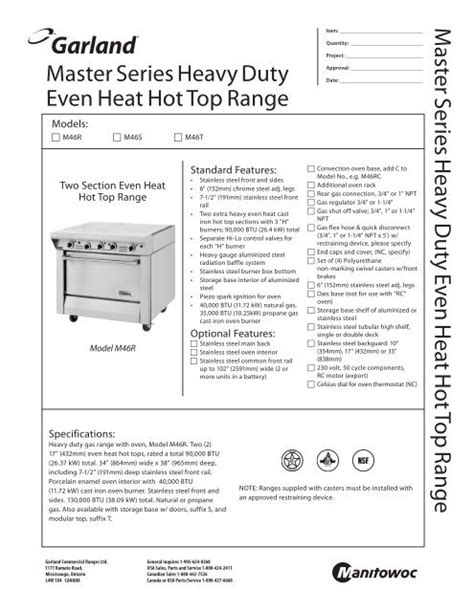 Master Series Heavy Duty Range Spec Sheet Garland Garland