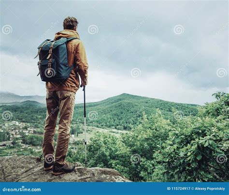 Hiker Man With Trekking Poles Stock Image Image Of Hiking Male