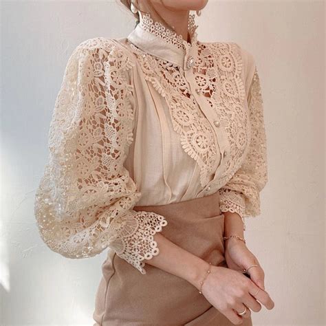 Victorian Lace Top High Neck Blouse Lace Shirt Puff Sleeve Etsy