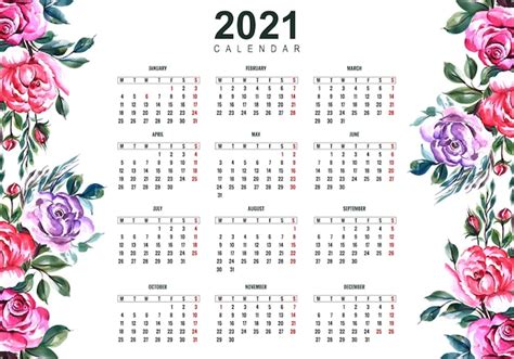 Hermoso Calendario 2021 Con Diseño Floral Colorido Vector Gratis