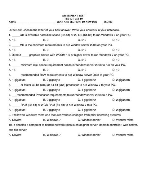 Assessment Test Tle Ict Css 10 Online Test Interactive Worksheet Edform