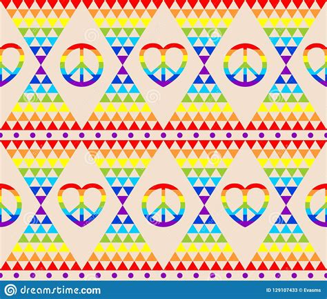 Vintage Hippie Seamless Background With Rainbow Hippie Symbol