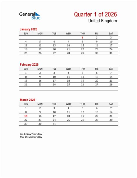 Q1 2026 Quarterly Calendar With United Kingdom Holidays