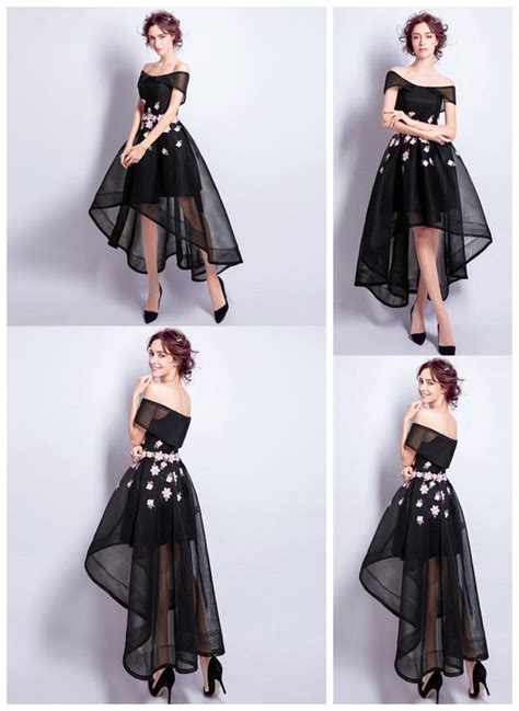 Black A Line Off The Shoulder High Low Tulle Formal Dress With