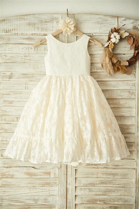 Ivory Lace Champagne Tulle Wedding Flower Girl Dress Princessly