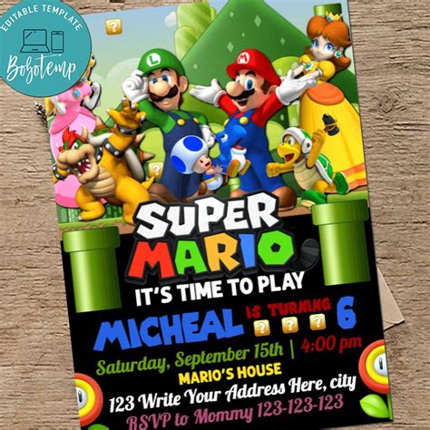 Super Mario Birthday Party Editable Invitation Createpartylabels
